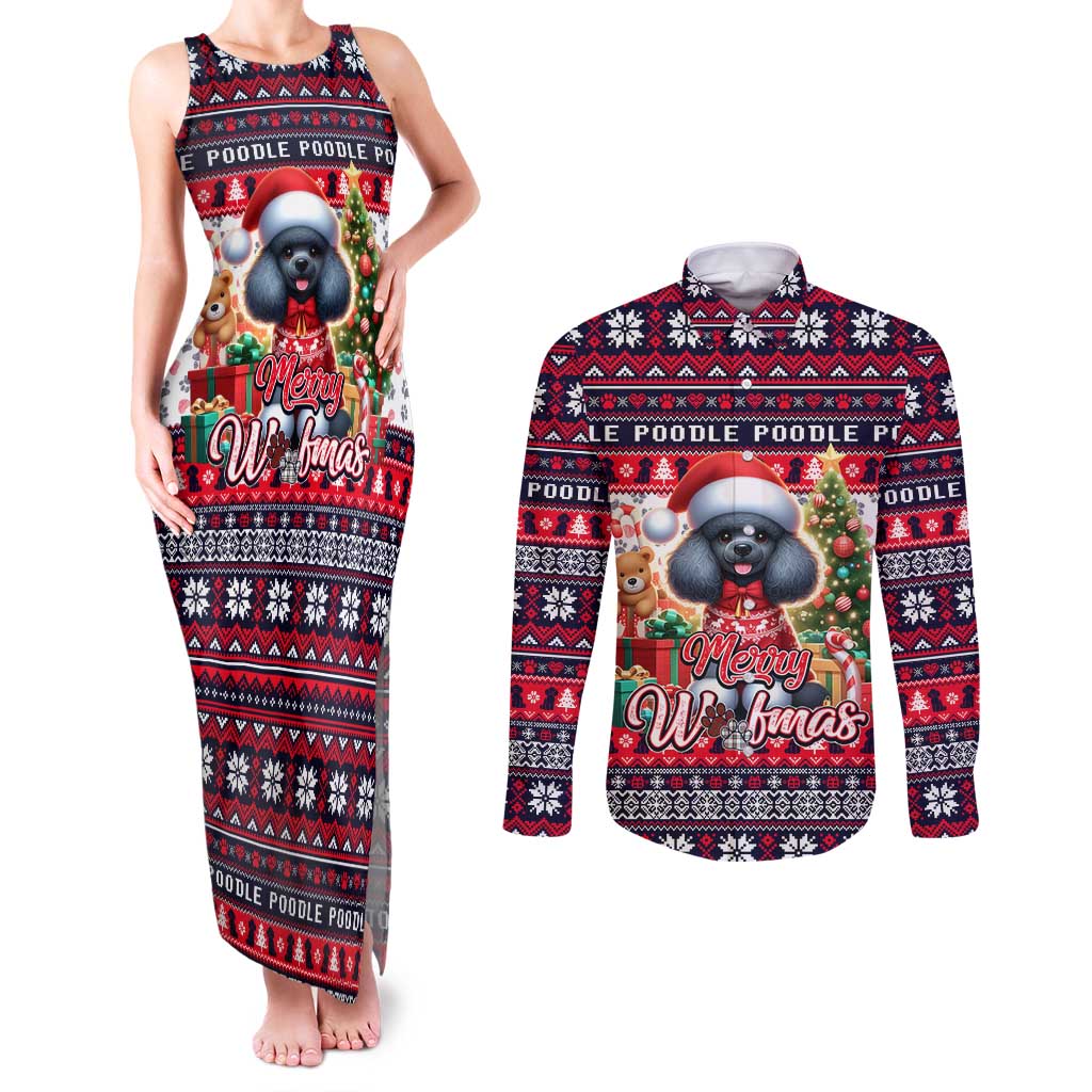 Poodle Merry Woofmas Couples Matching Tank Maxi Dress and Long Sleeve Button Shirt Christmas Dog Art Style - Wonder Print Shop
