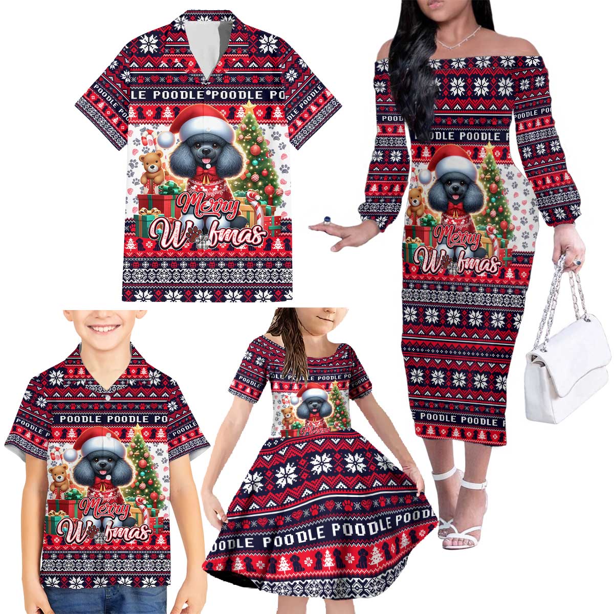 Poodle Merry Woofmas Family Matching Off The Shoulder Long Sleeve Dress and Hawaiian Shirt Christmas Dog Art Style - Wonder Print Shop