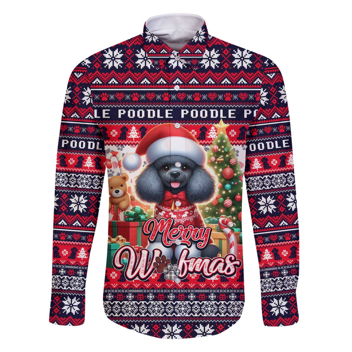 Poodle Merry Woofmas Family Matching Off The Shoulder Long Sleeve Dress and Hawaiian Shirt Christmas Dog Art Style - Wonder Print Shop