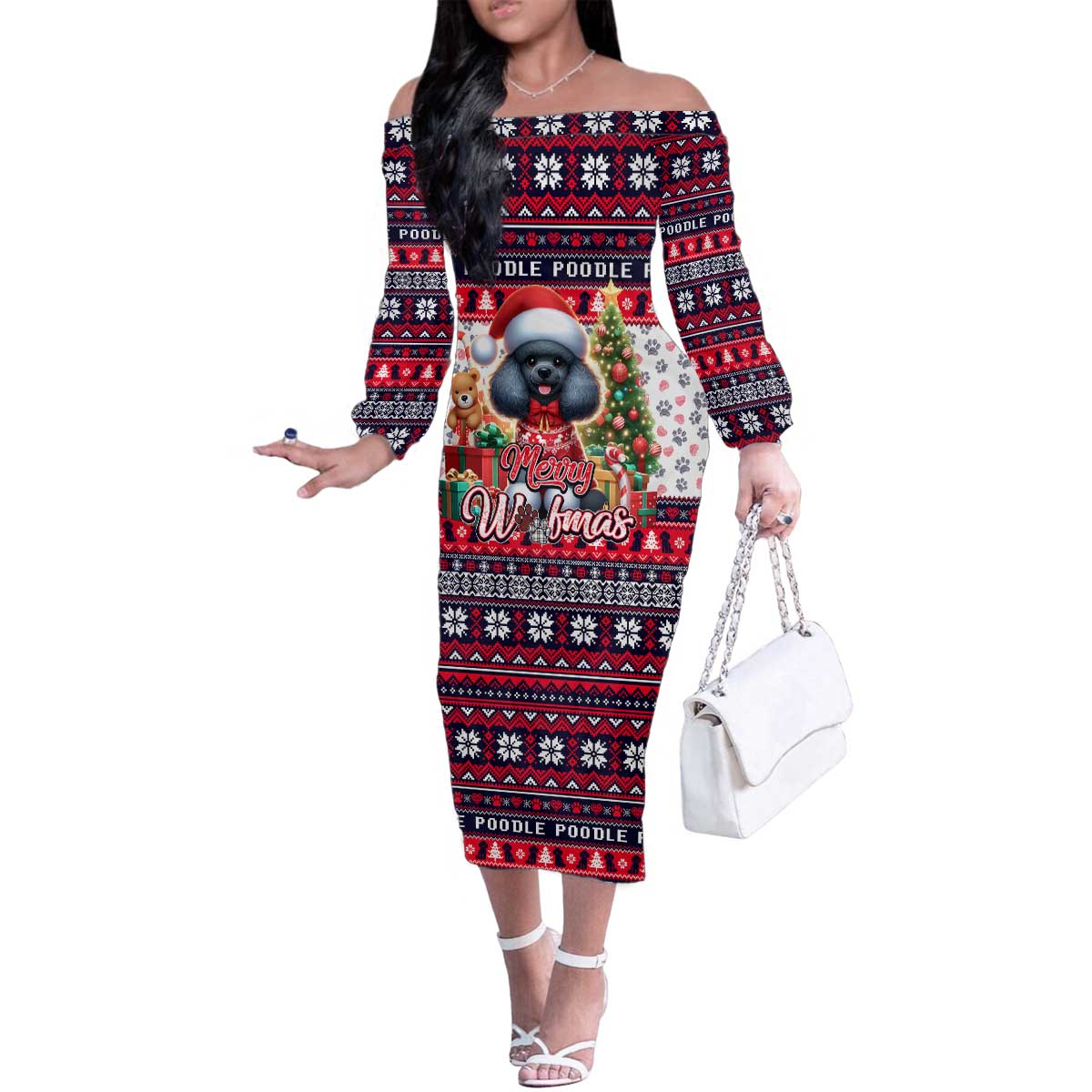Poodle Merry Woofmas Family Matching Off The Shoulder Long Sleeve Dress and Hawaiian Shirt Christmas Dog Art Style - Wonder Print Shop