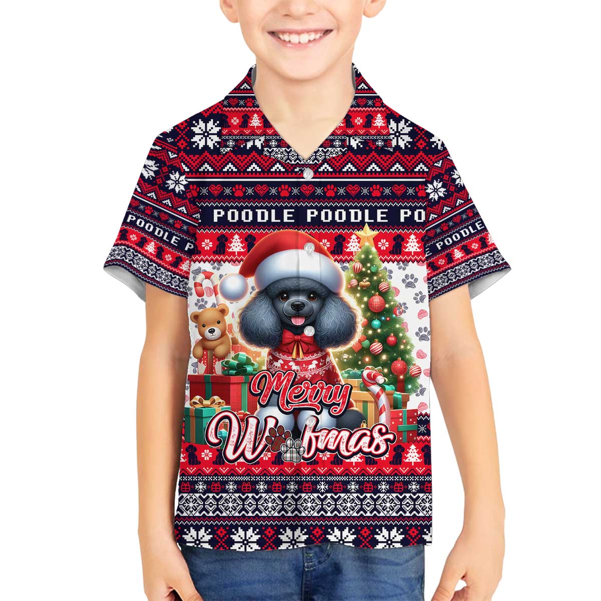 Poodle Merry Woofmas Family Matching Off The Shoulder Long Sleeve Dress and Hawaiian Shirt Christmas Dog Art Style - Wonder Print Shop