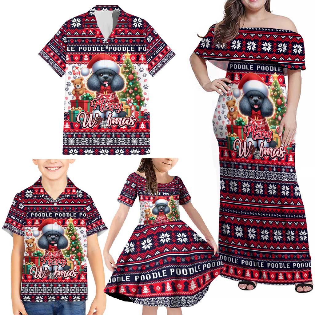 Poodle Merry Woofmas Family Matching Off Shoulder Maxi Dress and Hawaiian Shirt Christmas Dog Art Style - Wonder Print Shop