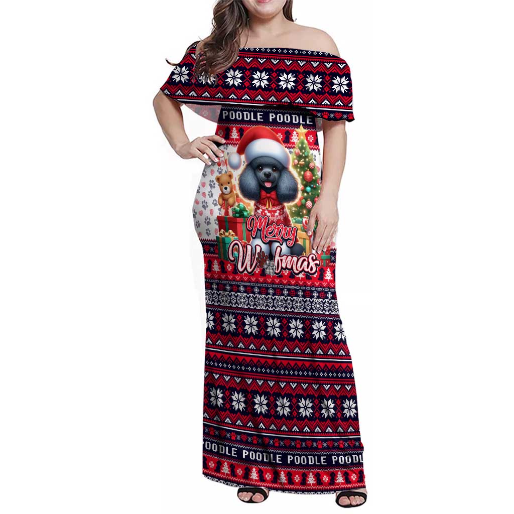 Poodle Merry Woofmas Family Matching Off Shoulder Maxi Dress and Hawaiian Shirt Christmas Dog Art Style - Wonder Print Shop
