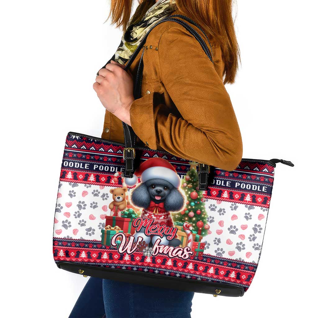 Poodle Merry Woofmas Leather Tote Bag Christmas Dog Art Style - Wonder Print Shop