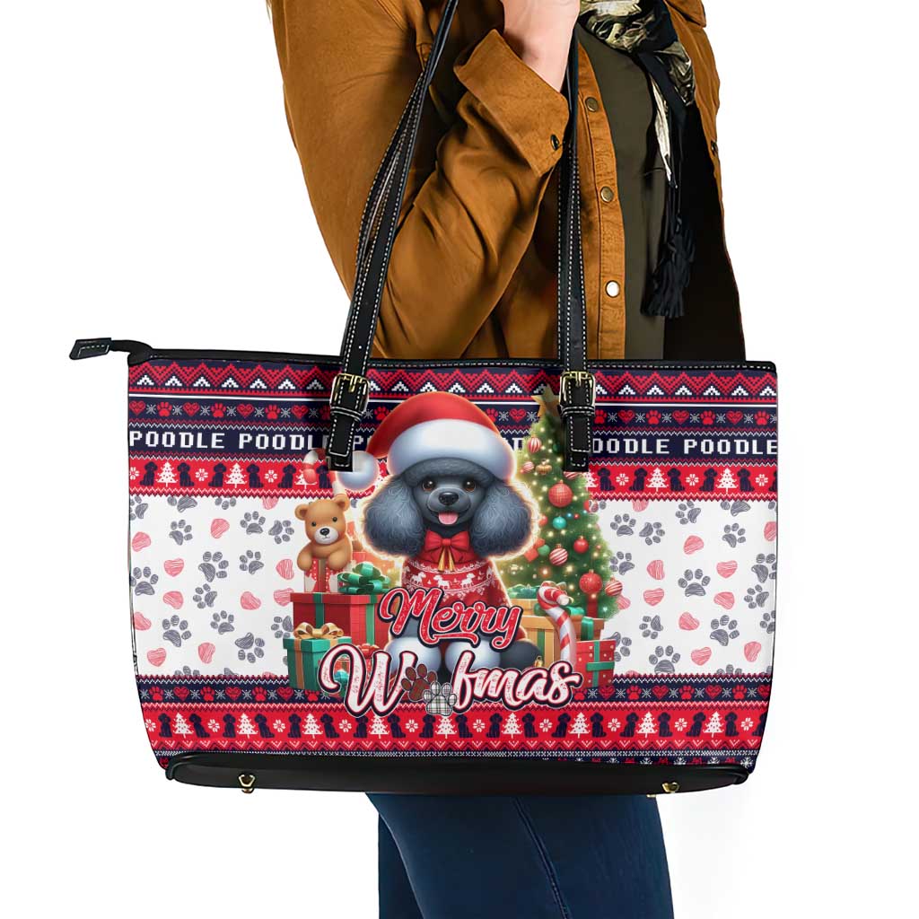 Poodle Merry Woofmas Leather Tote Bag Christmas Dog Art Style - Wonder Print Shop
