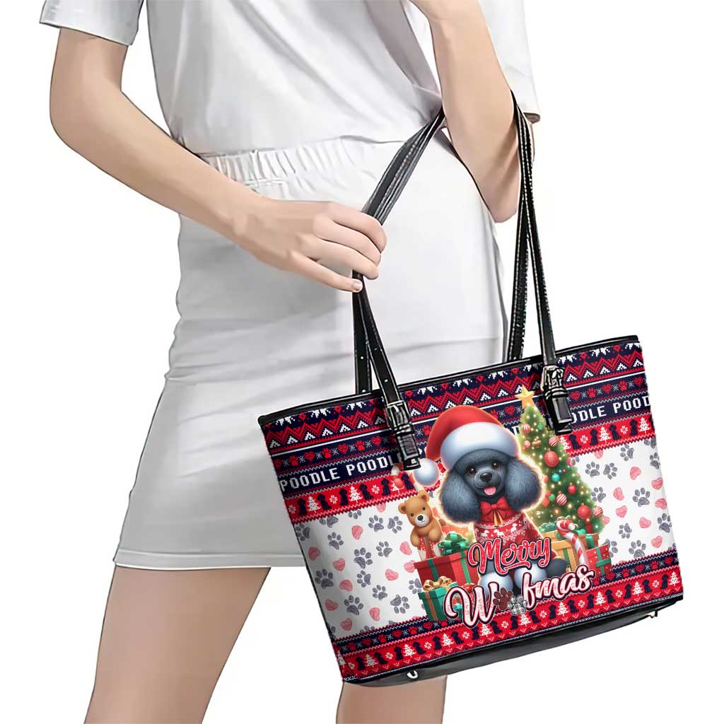 Poodle Merry Woofmas Leather Tote Bag Christmas Dog Art Style - Wonder Print Shop