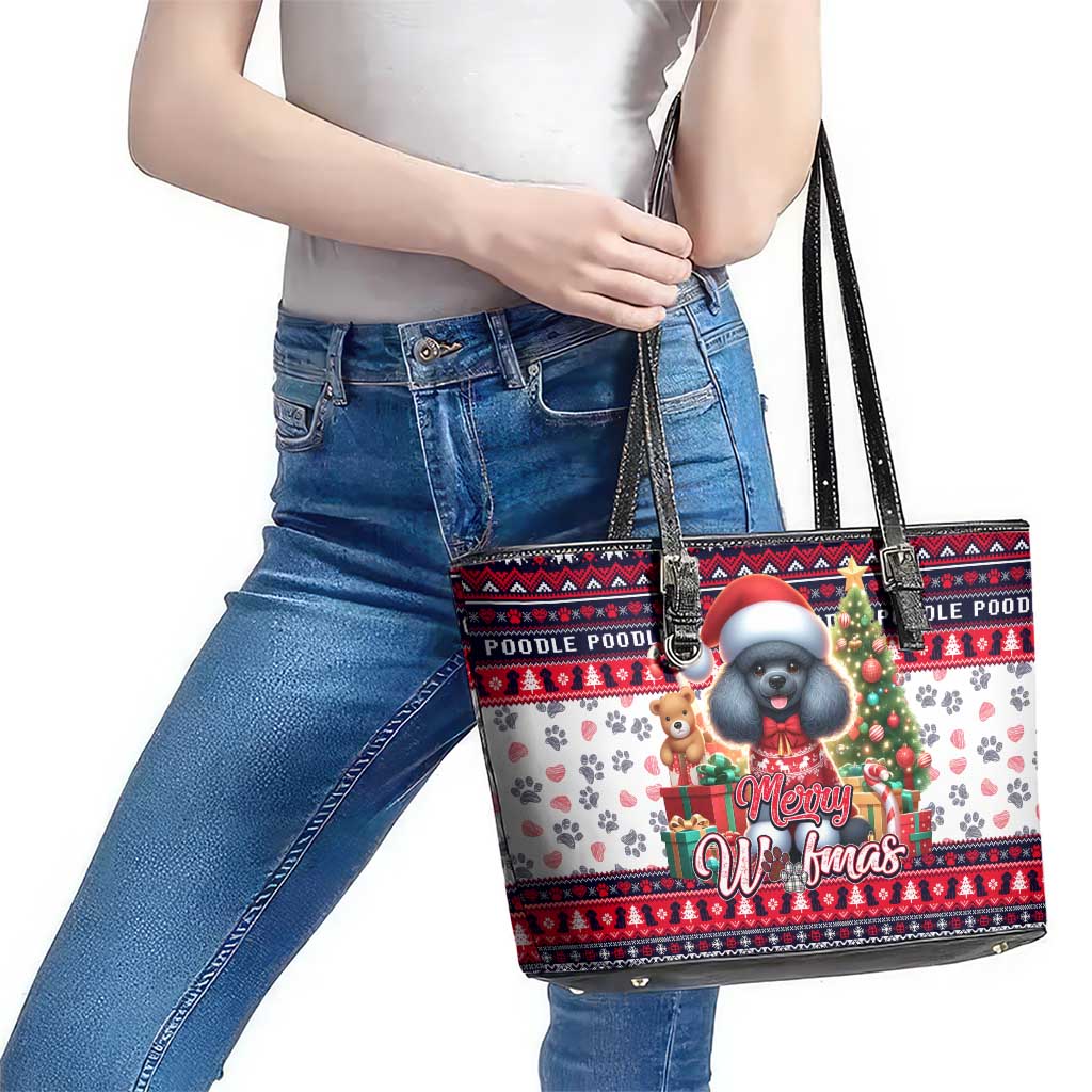 Poodle Merry Woofmas Leather Tote Bag Christmas Dog Art Style - Wonder Print Shop