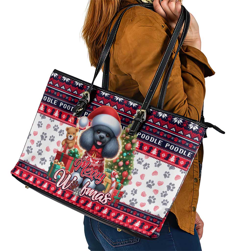 Poodle Merry Woofmas Leather Tote Bag Christmas Dog Art Style - Wonder Print Shop