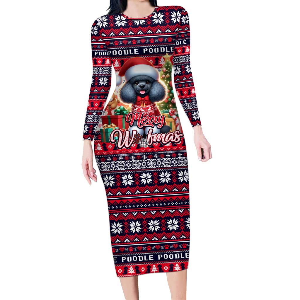 Poodle Merry Woofmas Long Sleeve Bodycon Dress Christmas Dog Art Style - Wonder Print Shop