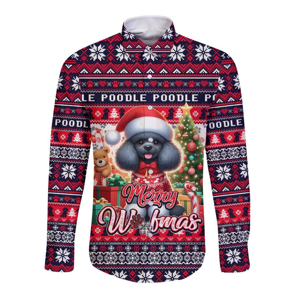 Poodle Merry Woofmas Long Sleeve Button Shirt Christmas Dog Art Style - Wonder Print Shop