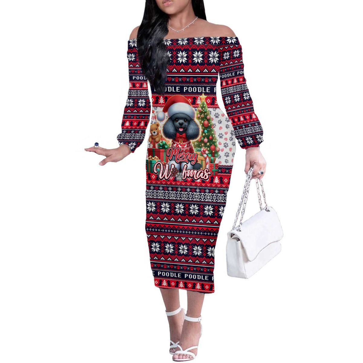 Poodle Merry Woofmas Off The Shoulder Long Sleeve Dress Christmas Dog Art Style - Wonder Print Shop