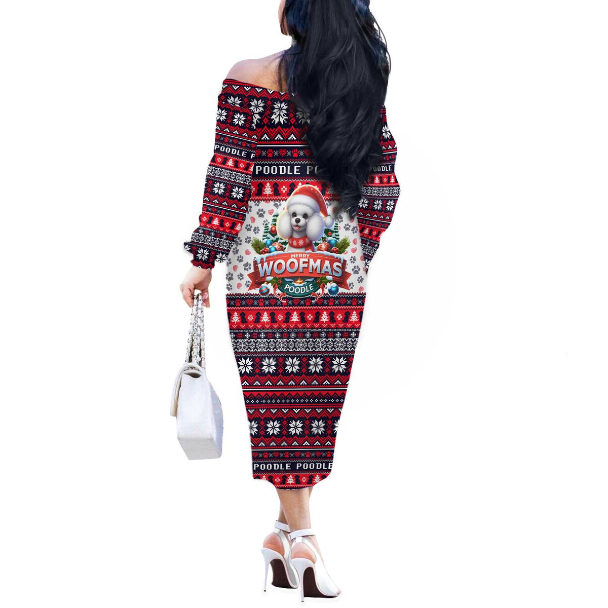 Poodle Merry Woofmas Off The Shoulder Long Sleeve Dress Christmas Dog Art Style - Wonder Print Shop