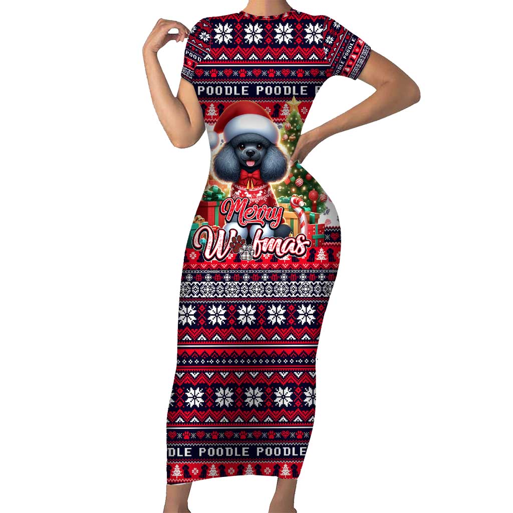 Poodle Merry Woofmas Short Sleeve Bodycon Dress Christmas Dog Art Style - Wonder Print Shop