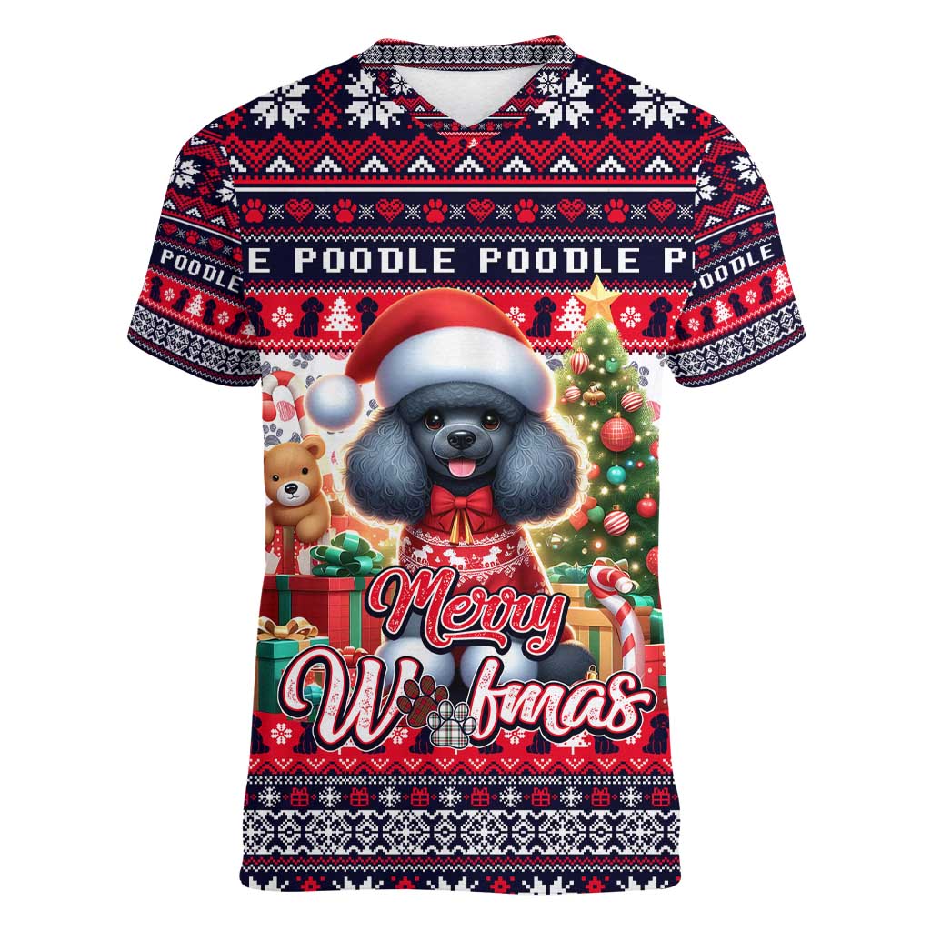 Poodle Merry Woofmas Women V-Neck T-Shirt Christmas Dog Art Style - Wonder Print Shop