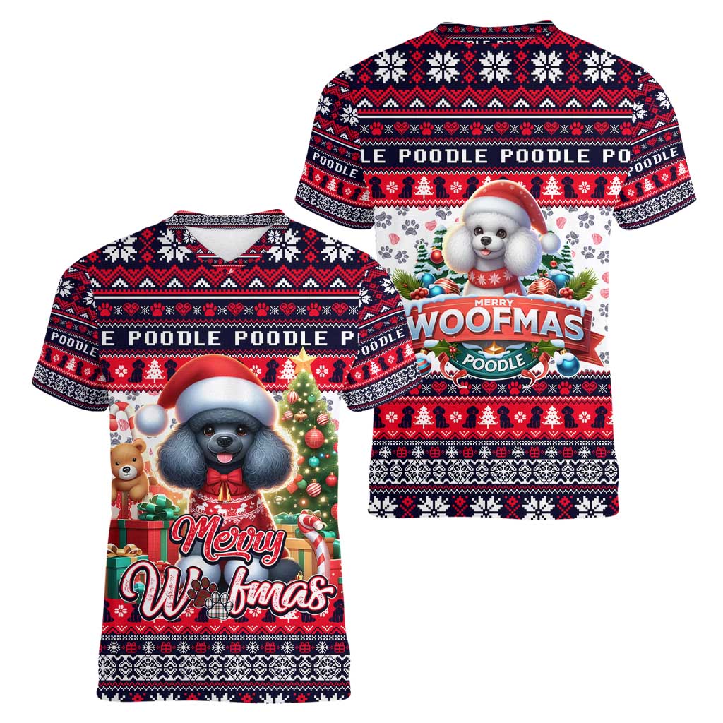 Poodle Merry Woofmas Women V-Neck T-Shirt Christmas Dog Art Style - Wonder Print Shop