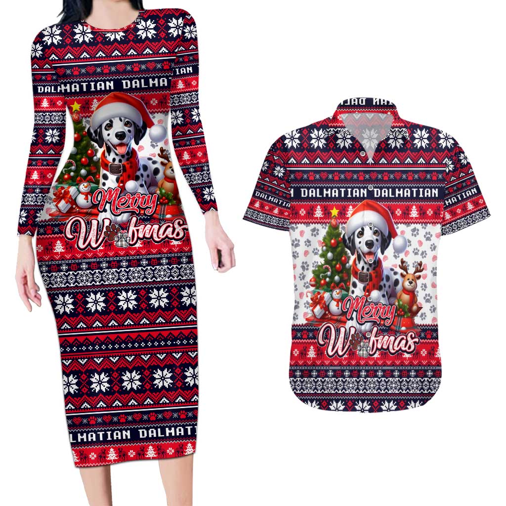 Dalmatian Merry Woofmas Couples Matching Long Sleeve Bodycon Dress and Hawaiian Shirt Christmas Dog Art Style - Wonder Print Shop