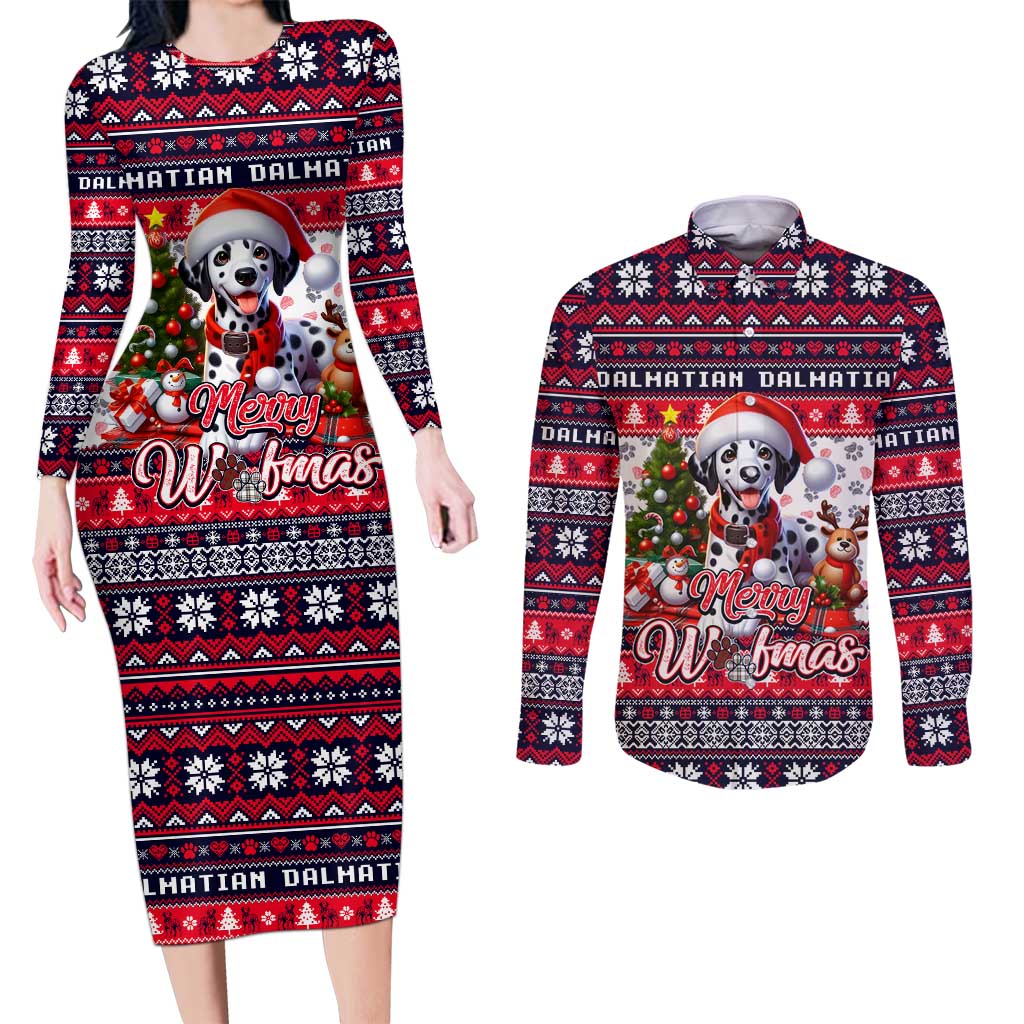 Dalmatian Merry Woofmas Couples Matching Long Sleeve Bodycon Dress and Long Sleeve Button Shirt Christmas Dog Art Style - Wonder Print Shop