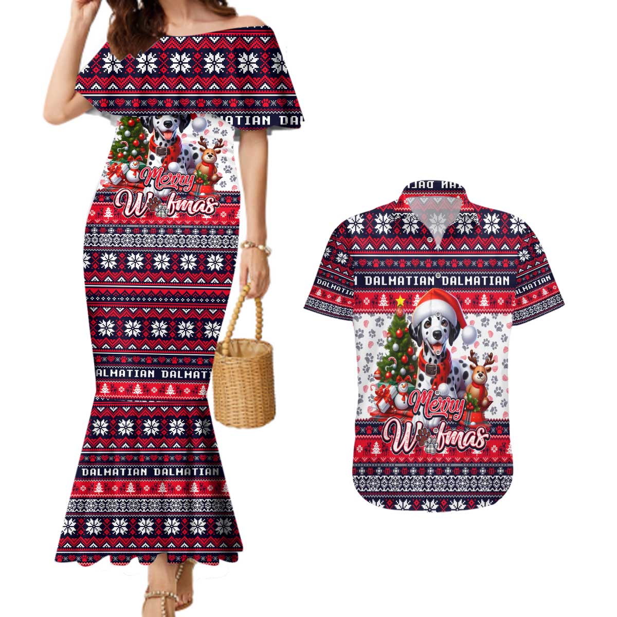 Dalmatian Merry Woofmas Couples Matching Mermaid Dress and Hawaiian Shirt Christmas Dog Art Style - Wonder Print Shop