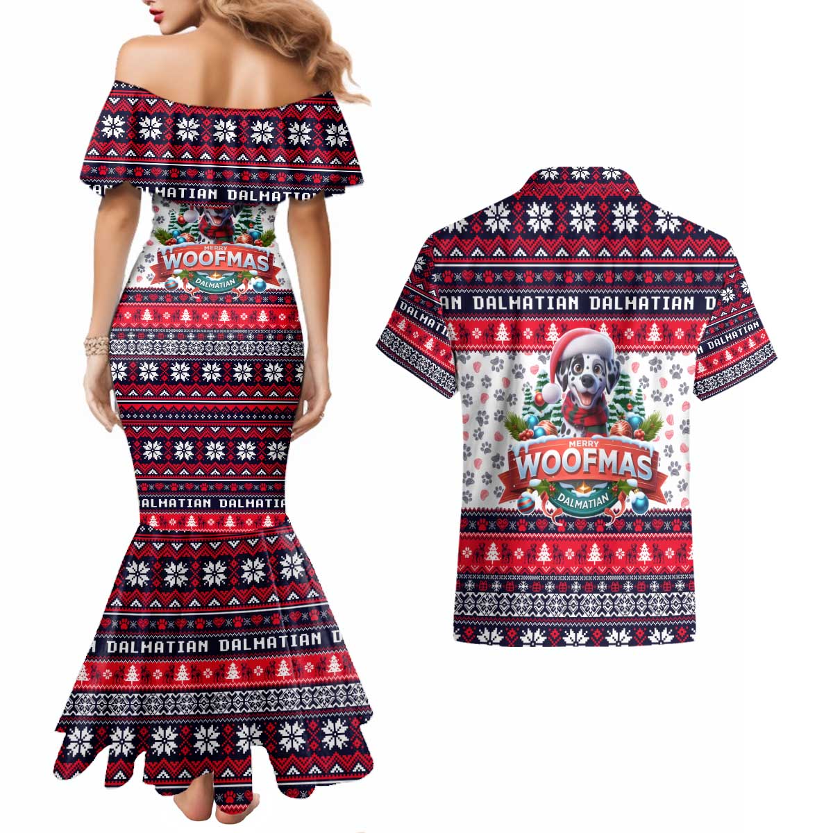 Dalmatian Merry Woofmas Couples Matching Mermaid Dress and Hawaiian Shirt Christmas Dog Art Style - Wonder Print Shop