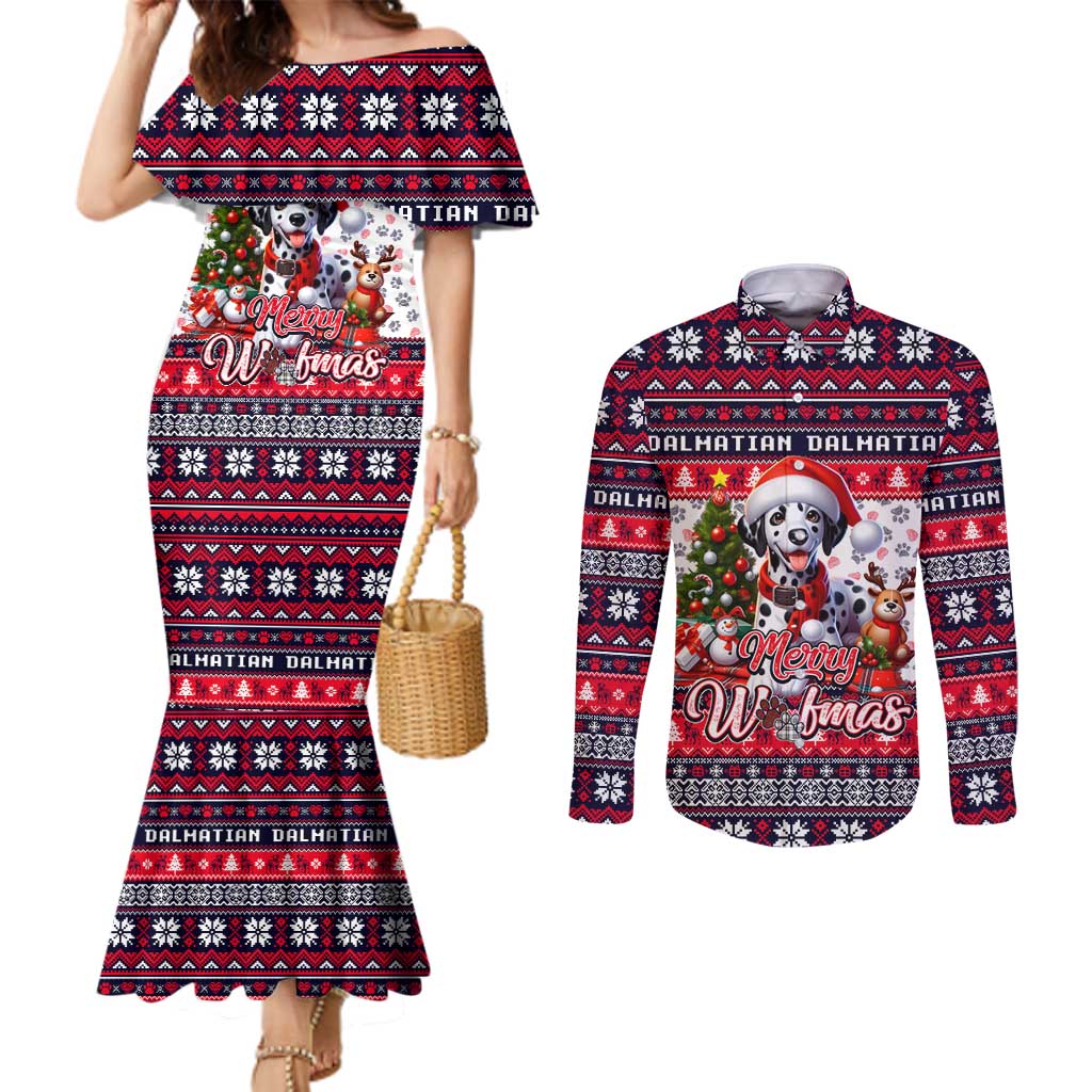 Dalmatian Merry Woofmas Couples Matching Mermaid Dress and Long Sleeve Button Shirt Christmas Dog Art Style