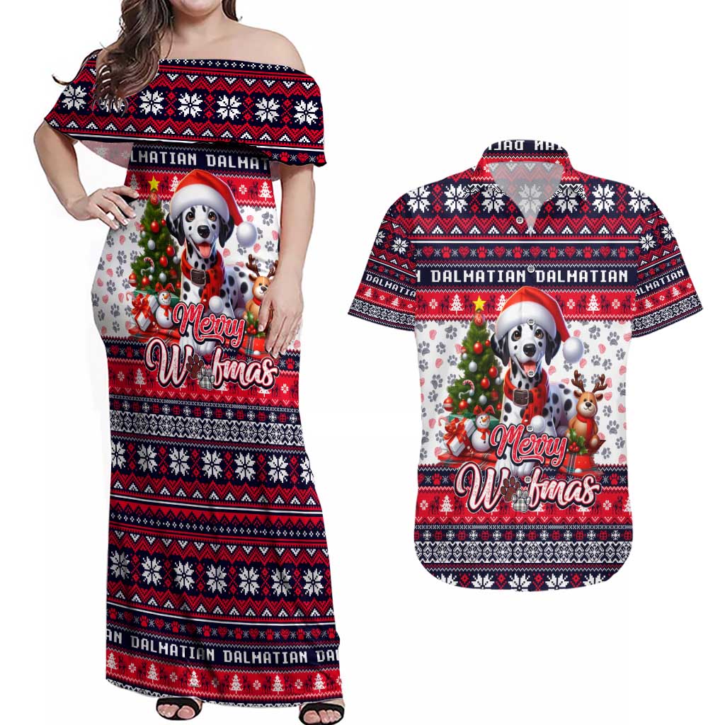 Dalmatian Merry Woofmas Couples Matching Off Shoulder Maxi Dress and Hawaiian Shirt Christmas Dog Art Style - Wonder Print Shop