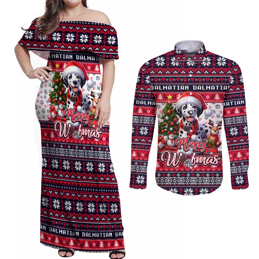 Dalmatian Merry Woofmas Couples Matching Off Shoulder Maxi Dress and Long Sleeve Button Shirt Christmas Dog Art Style - Wonder Print Shop