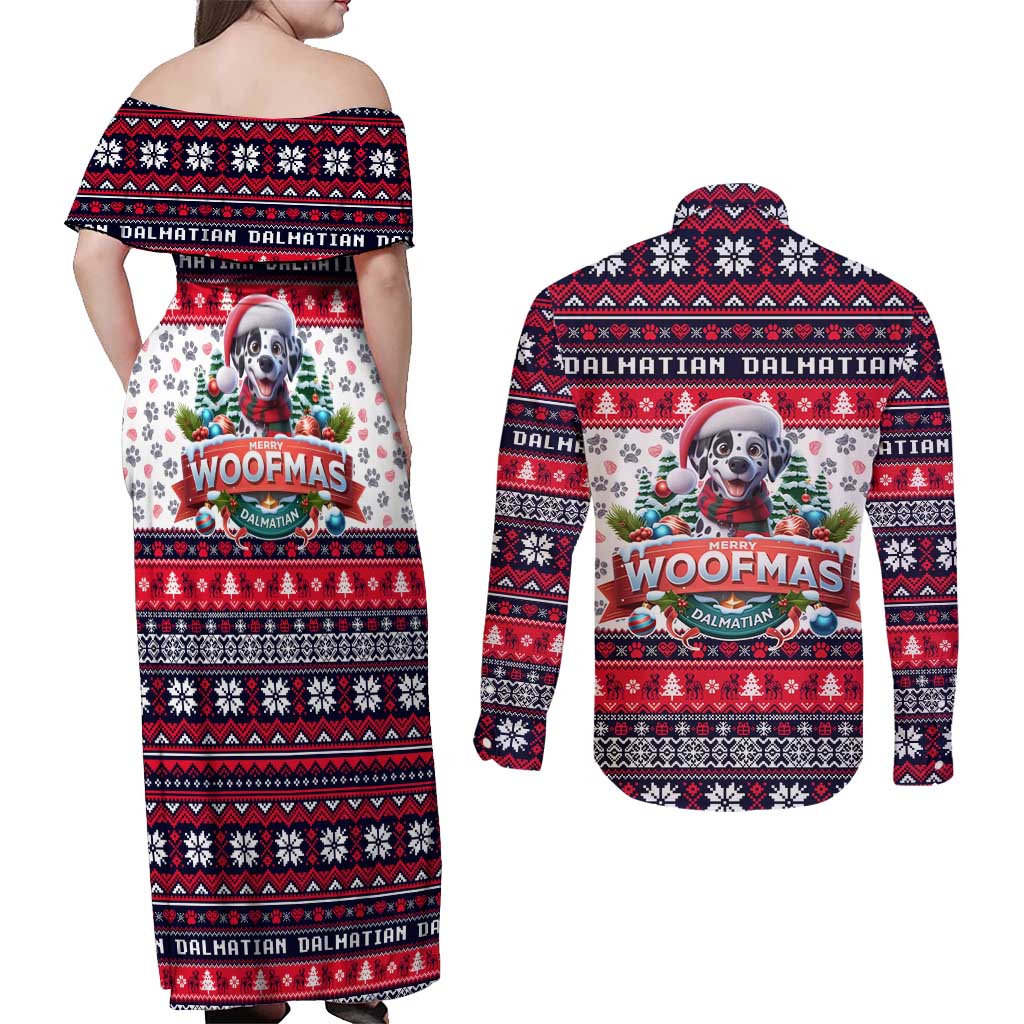 Dalmatian Merry Woofmas Couples Matching Off Shoulder Maxi Dress and Long Sleeve Button Shirt Christmas Dog Art Style - Wonder Print Shop
