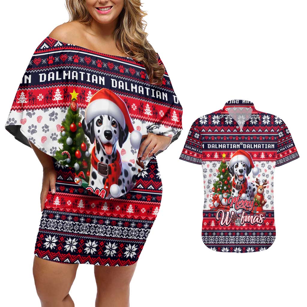 Dalmatian Merry Woofmas Couples Matching Off Shoulder Short Dress and Hawaiian Shirt Christmas Dog Art Style - Wonder Print Shop