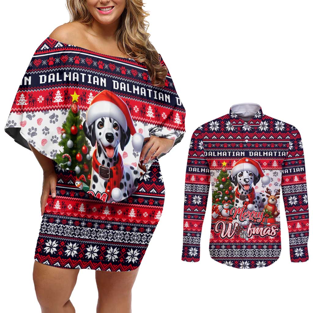 Dalmatian Merry Woofmas Couples Matching Off Shoulder Short Dress and Long Sleeve Button Shirt Christmas Dog Art Style - Wonder Print Shop