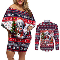 Dalmatian Merry Woofmas Couples Matching Off Shoulder Short Dress and Long Sleeve Button Shirt Christmas Dog Art Style - Wonder Print Shop