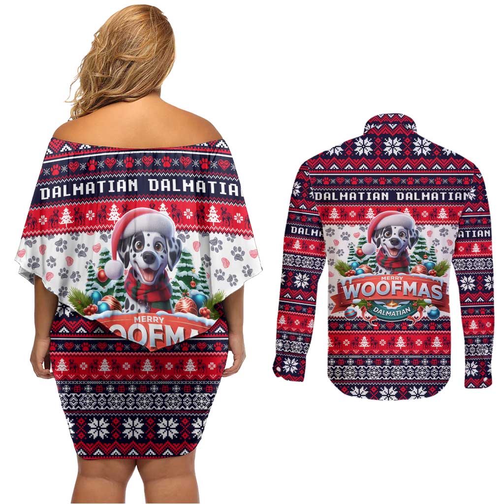 Dalmatian Merry Woofmas Couples Matching Off Shoulder Short Dress and Long Sleeve Button Shirt Christmas Dog Art Style - Wonder Print Shop