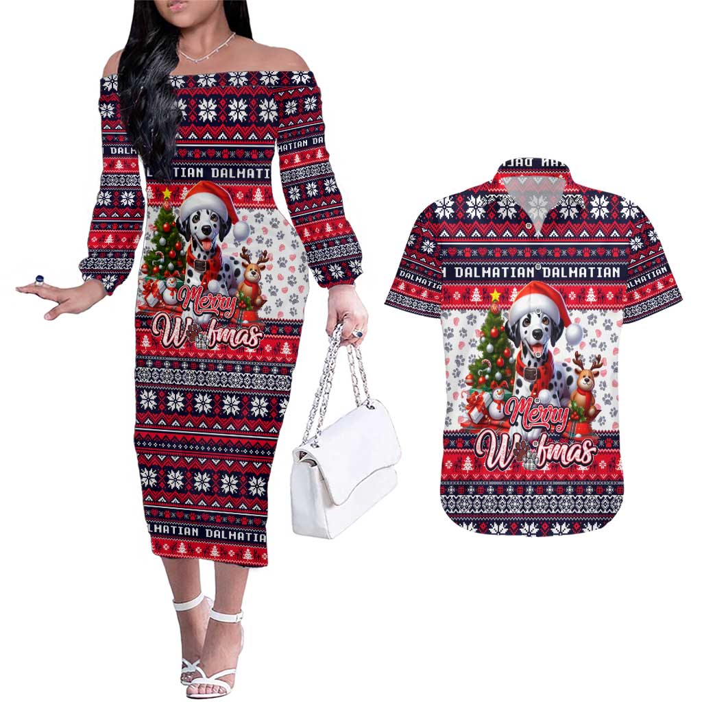 Dalmatian Merry Woofmas Couples Matching Off The Shoulder Long Sleeve Dress and Hawaiian Shirt Christmas Dog Art Style - Wonder Print Shop