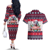 Dalmatian Merry Woofmas Couples Matching Off The Shoulder Long Sleeve Dress and Hawaiian Shirt Christmas Dog Art Style - Wonder Print Shop