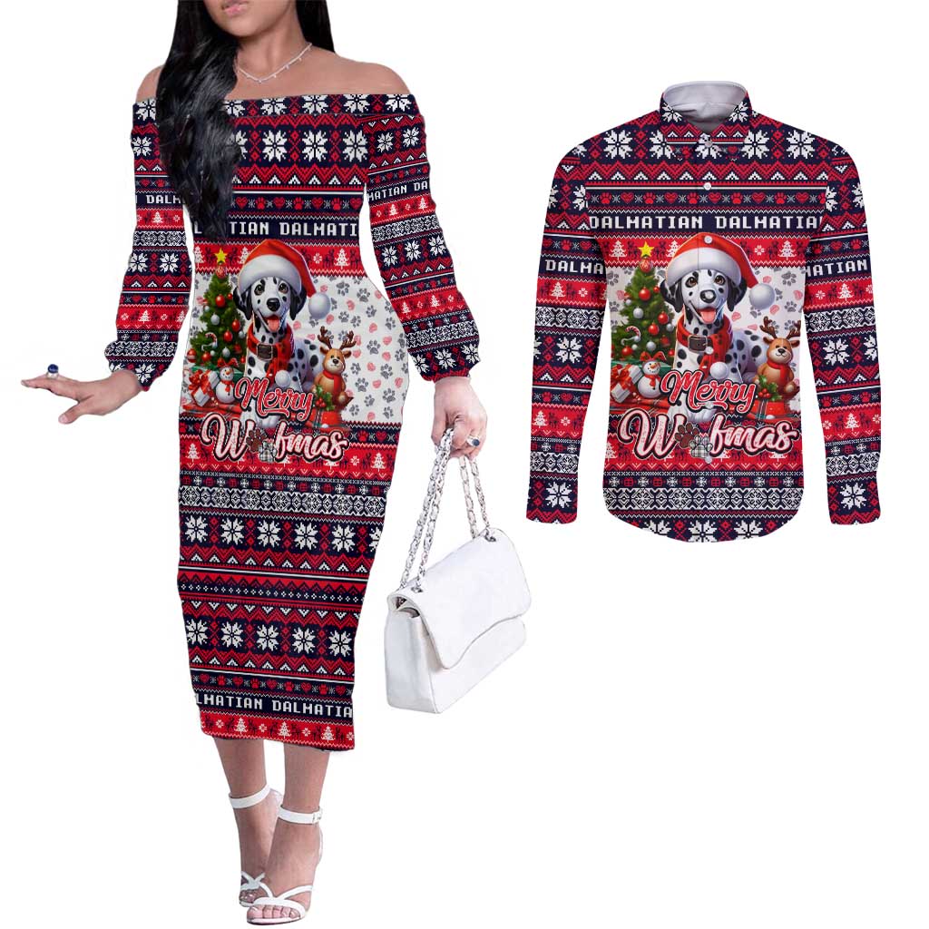 Dalmatian Merry Woofmas Couples Matching Off The Shoulder Long Sleeve Dress and Long Sleeve Button Shirt Christmas Dog Art Style