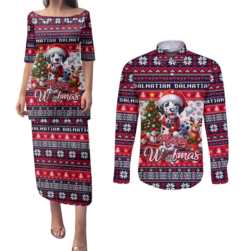 Dalmatian Merry Woofmas Couples Matching Puletasi and Long Sleeve Button Shirt Christmas Dog Art Style - Wonder Print Shop
