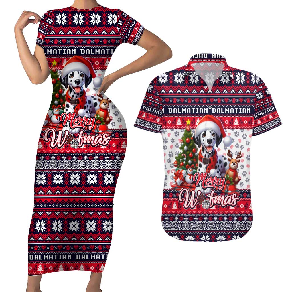 Dalmatian Merry Woofmas Couples Matching Short Sleeve Bodycon Dress and Hawaiian Shirt Christmas Dog Art Style - Wonder Print Shop