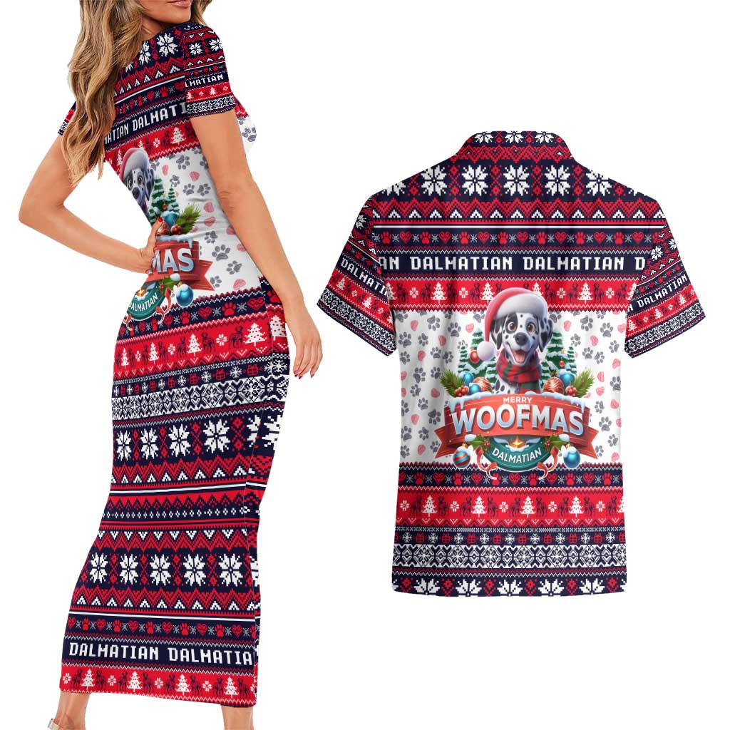 Dalmatian Merry Woofmas Couples Matching Short Sleeve Bodycon Dress and Hawaiian Shirt Christmas Dog Art Style - Wonder Print Shop