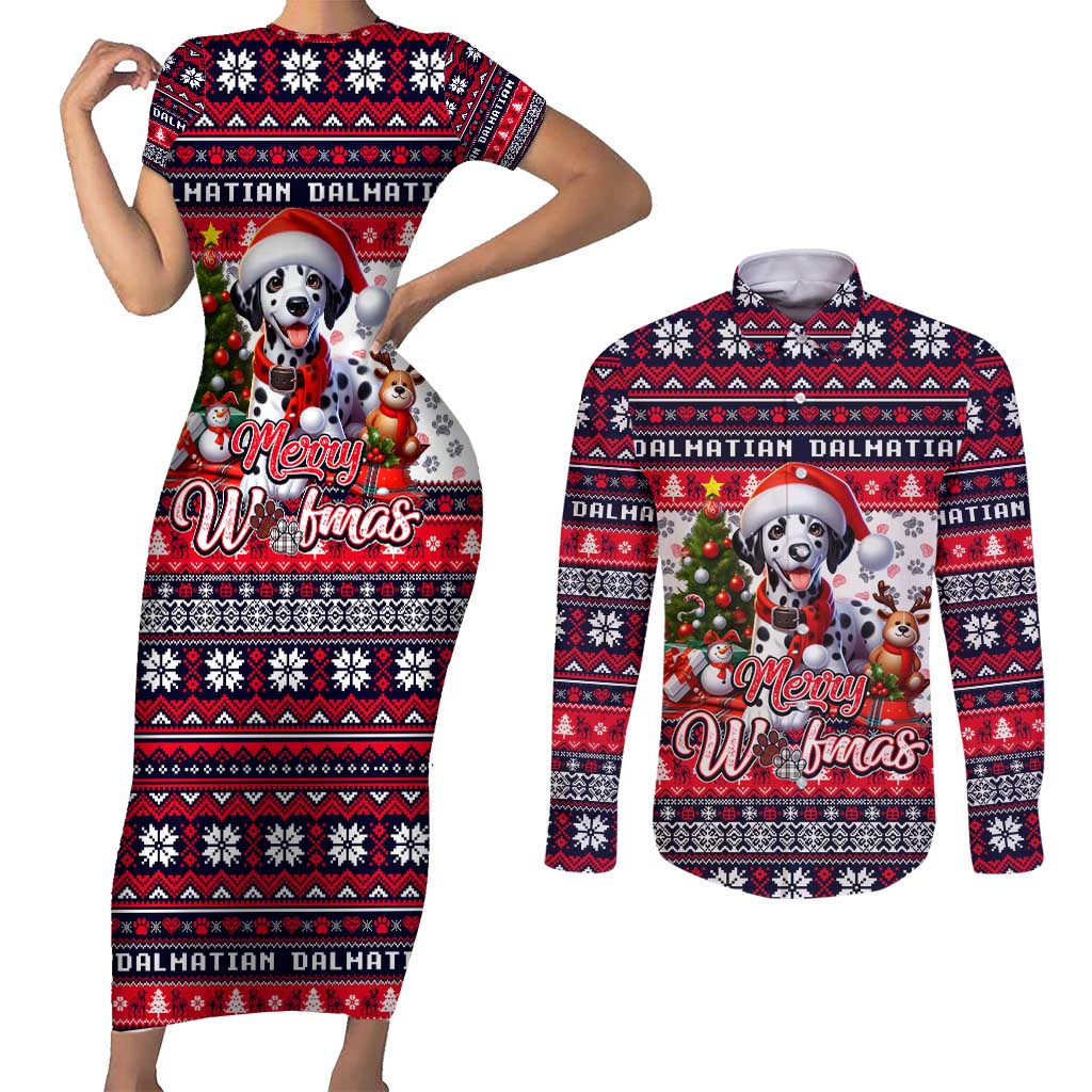 Dalmatian Merry Woofmas Couples Matching Short Sleeve Bodycon Dress and Long Sleeve Button Shirt Christmas Dog Art Style - Wonder Print Shop