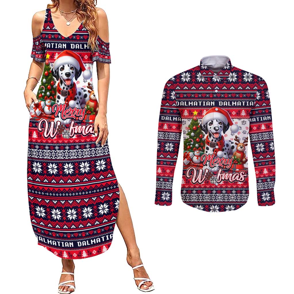 Dalmatian Merry Woofmas Couples Matching Summer Maxi Dress and Long Sleeve Button Shirt Christmas Dog Art Style - Wonder Print Shop