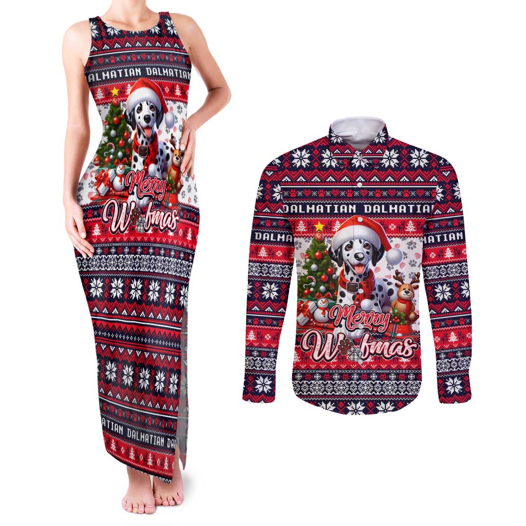 Dalmatian Merry Woofmas Couples Matching Tank Maxi Dress and Long Sleeve Button Shirt Christmas Dog Art Style - Wonder Print Shop