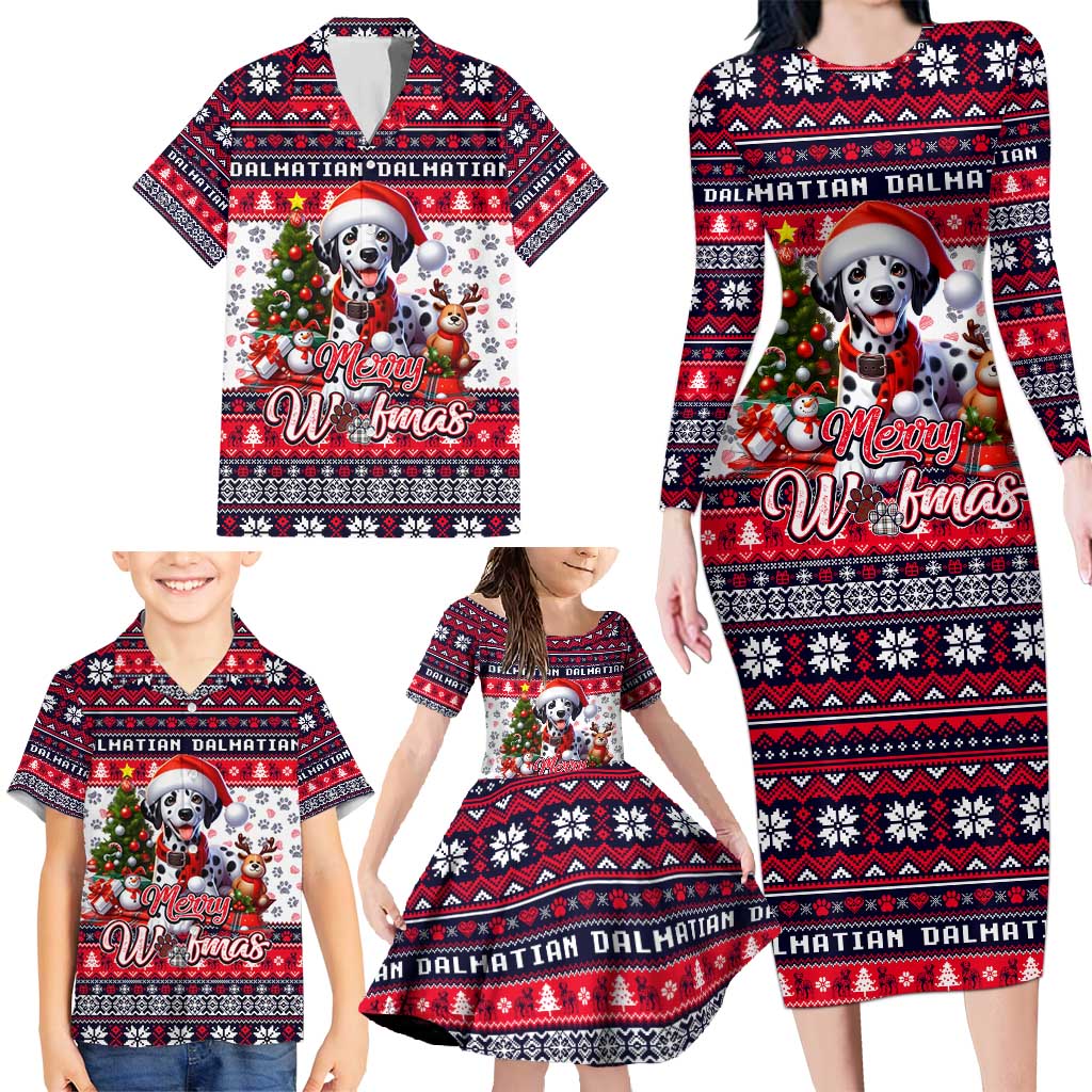 Dalmatian Merry Woofmas Family Matching Long Sleeve Bodycon Dress and Hawaiian Shirt Christmas Dog Art Style - Wonder Print Shop