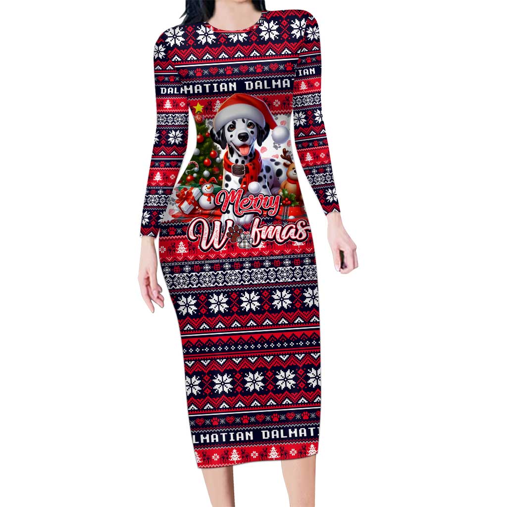 Dalmatian Merry Woofmas Family Matching Long Sleeve Bodycon Dress and Hawaiian Shirt Christmas Dog Art Style - Wonder Print Shop