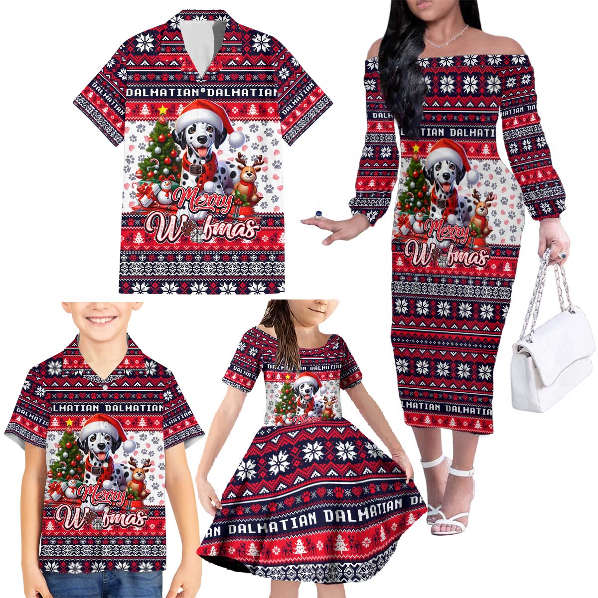 Dalmatian Merry Woofmas Family Matching Off The Shoulder Long Sleeve Dress and Hawaiian Shirt Christmas Dog Art Style - Wonder Print Shop