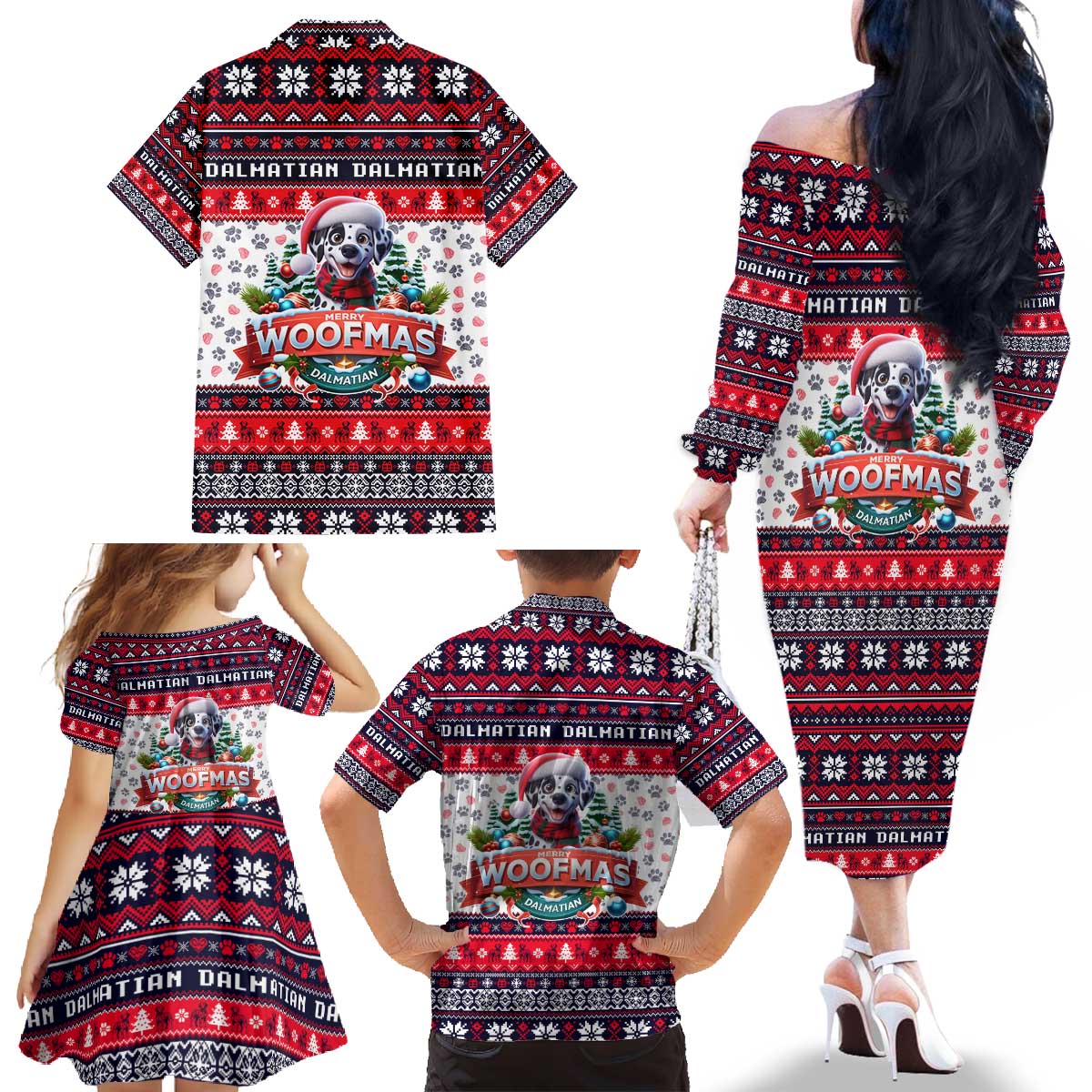 Dalmatian Merry Woofmas Family Matching Off The Shoulder Long Sleeve Dress and Hawaiian Shirt Christmas Dog Art Style - Wonder Print Shop