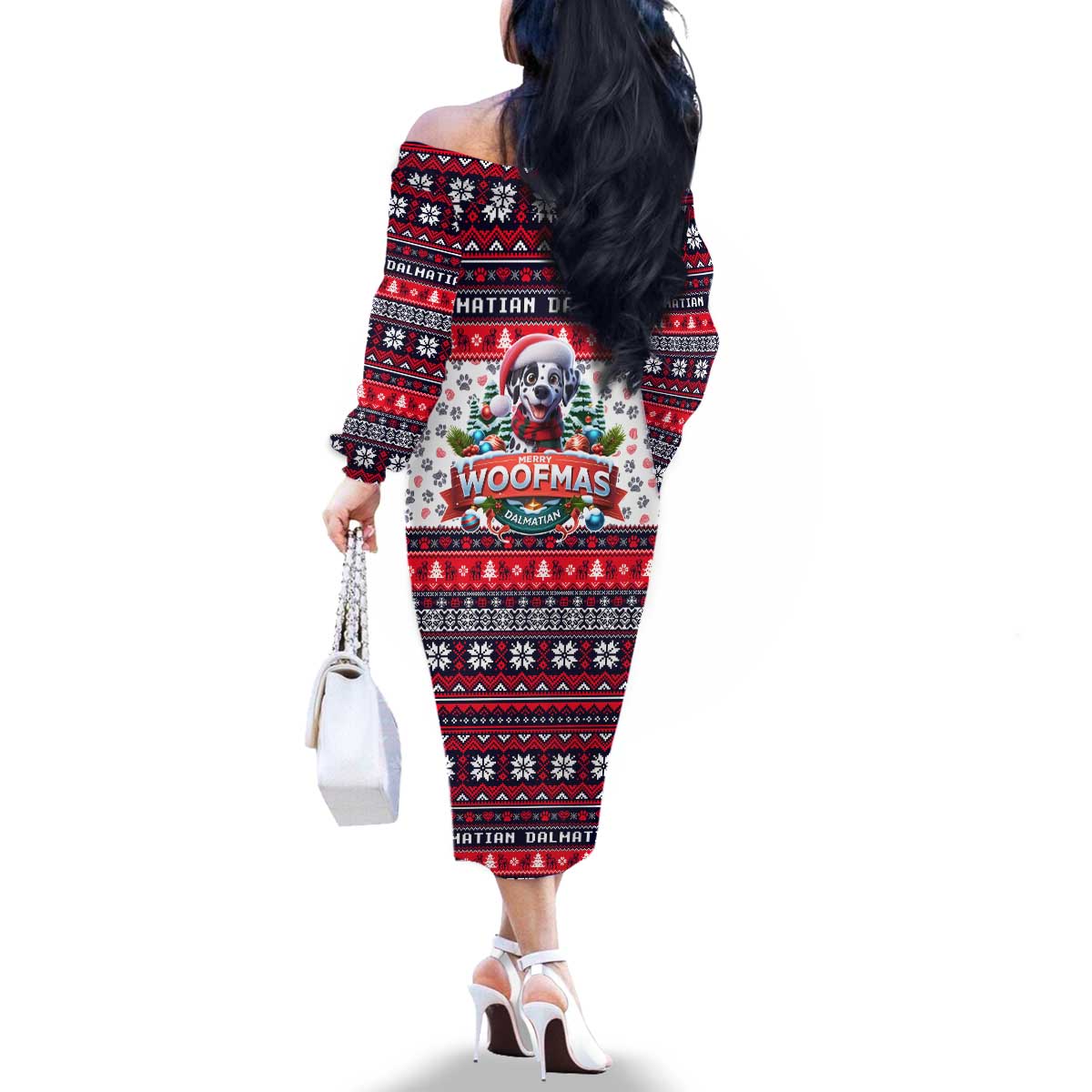 Dalmatian Merry Woofmas Family Matching Off The Shoulder Long Sleeve Dress and Hawaiian Shirt Christmas Dog Art Style - Wonder Print Shop