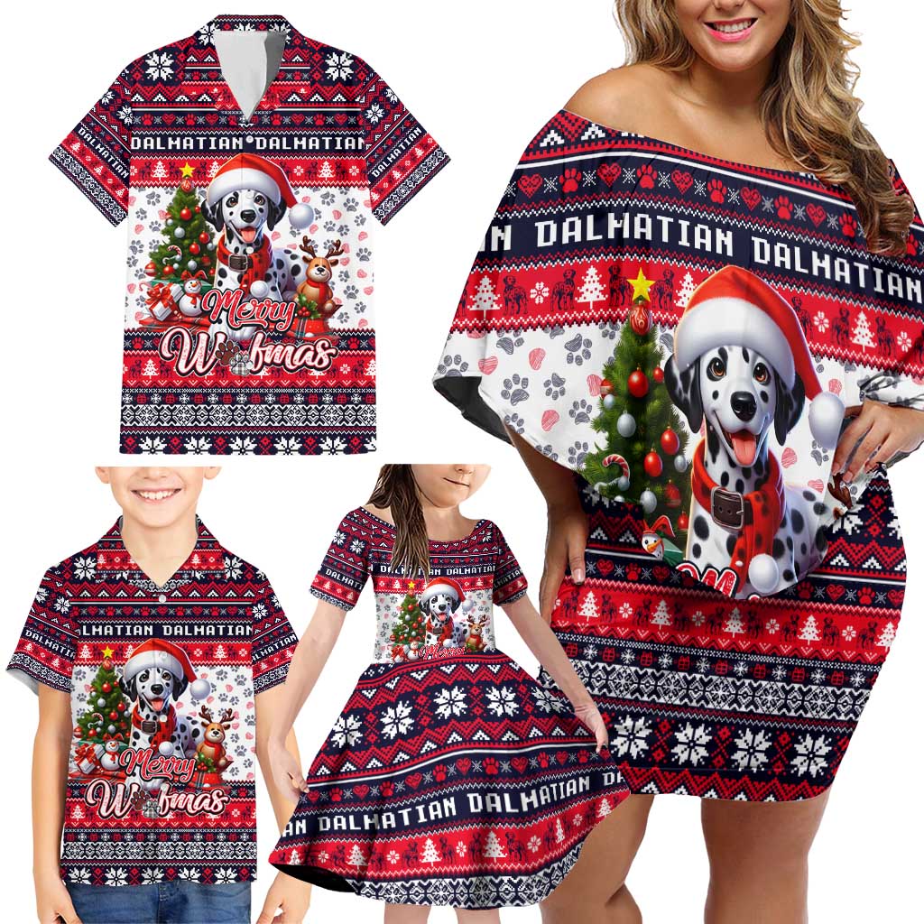 Dalmatian Merry Woofmas Family Matching Off Shoulder Short Dress and Hawaiian Shirt Christmas Dog Art Style - Wonder Print Shop