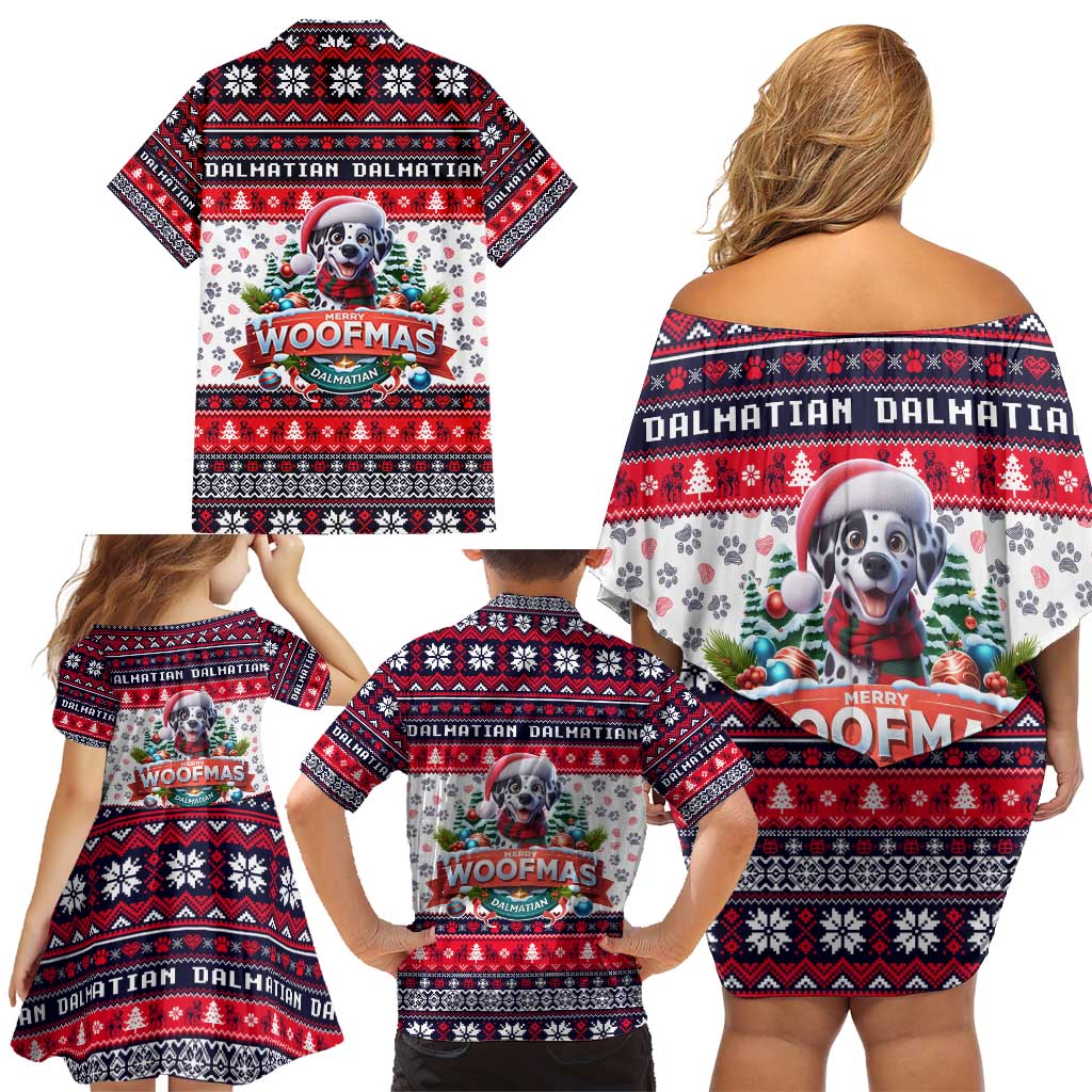 Dalmatian Merry Woofmas Family Matching Off Shoulder Short Dress and Hawaiian Shirt Christmas Dog Art Style - Wonder Print Shop