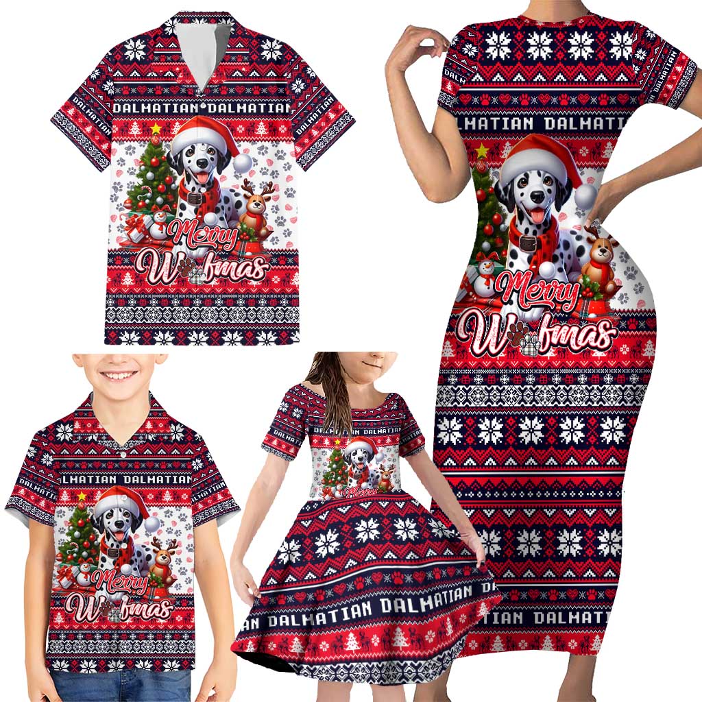 Dalmatian Merry Woofmas Family Matching Short Sleeve Bodycon Dress and Hawaiian Shirt Christmas Dog Art Style - Wonder Print Shop