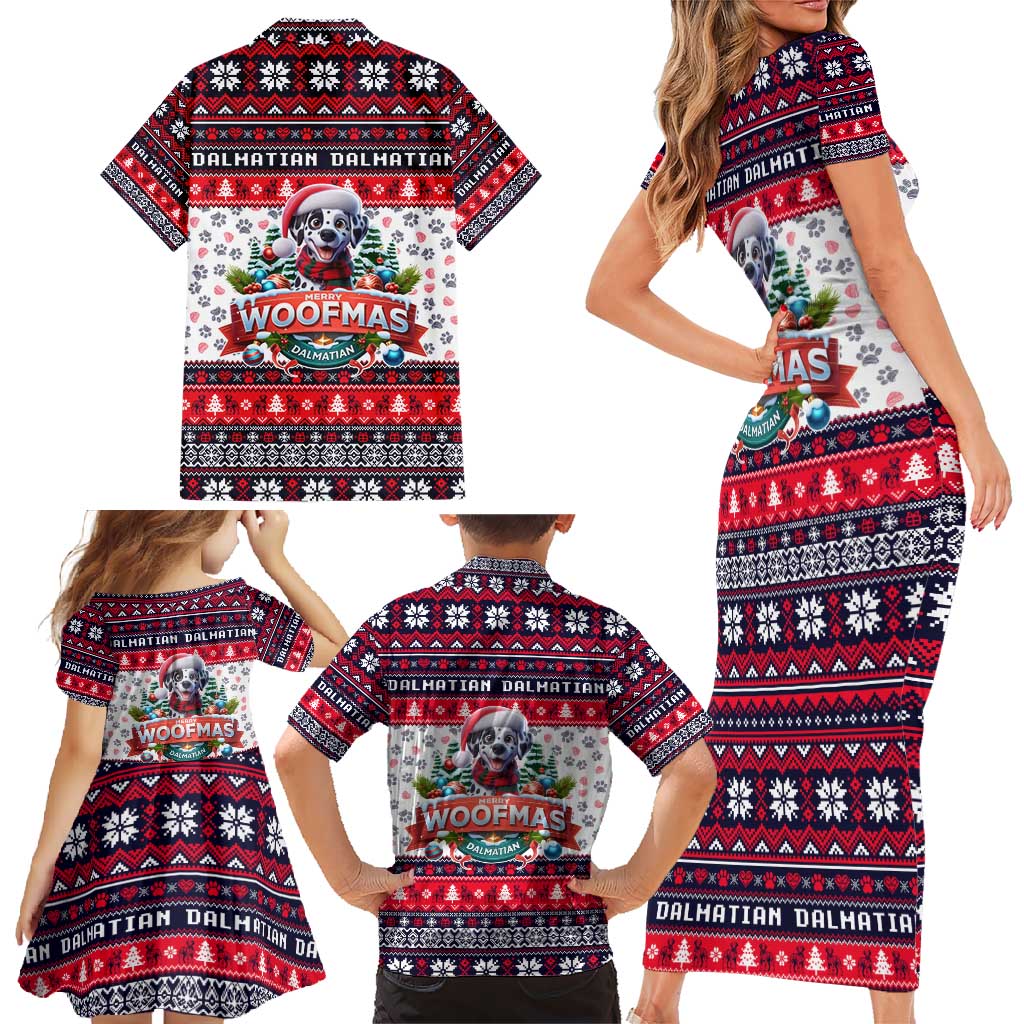 Dalmatian Merry Woofmas Family Matching Short Sleeve Bodycon Dress and Hawaiian Shirt Christmas Dog Art Style - Wonder Print Shop
