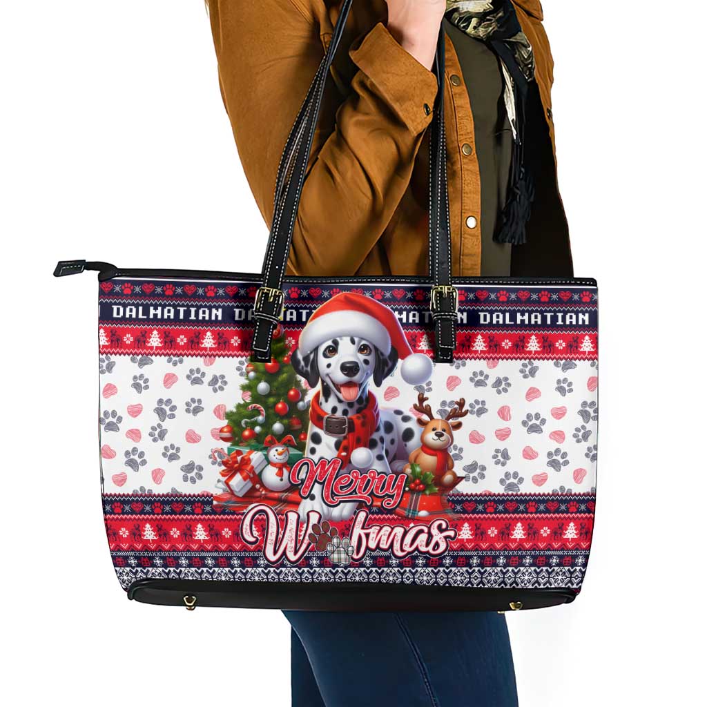 Dalmatian Merry Woofmas Leather Tote Bag Christmas Dog Art Style - Wonder Print Shop